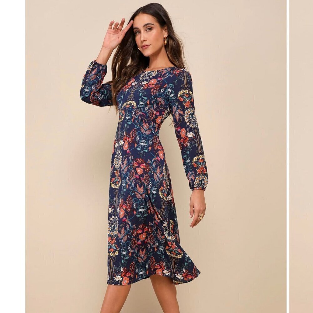 I. Madeline | Garden Splendor Navy Blue Floral Print Long Sleeve Midi Dress